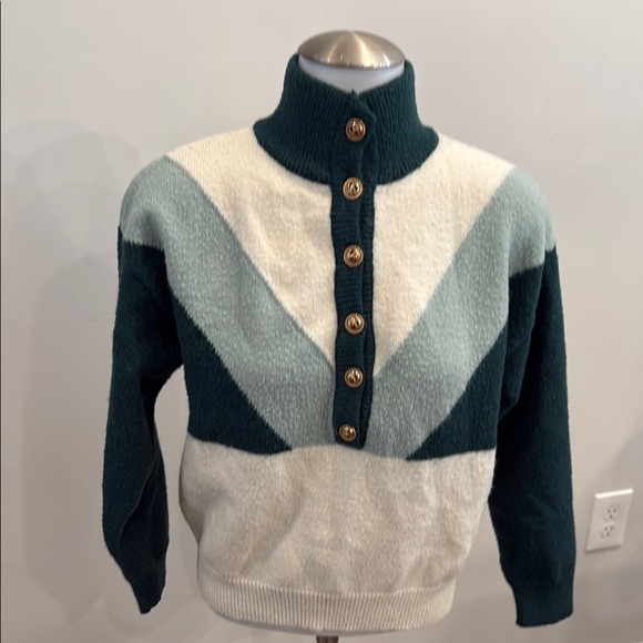 Peace n’ Love Small Women's Teal and Cream Turtleneck Sweater - Picture 2 of 9